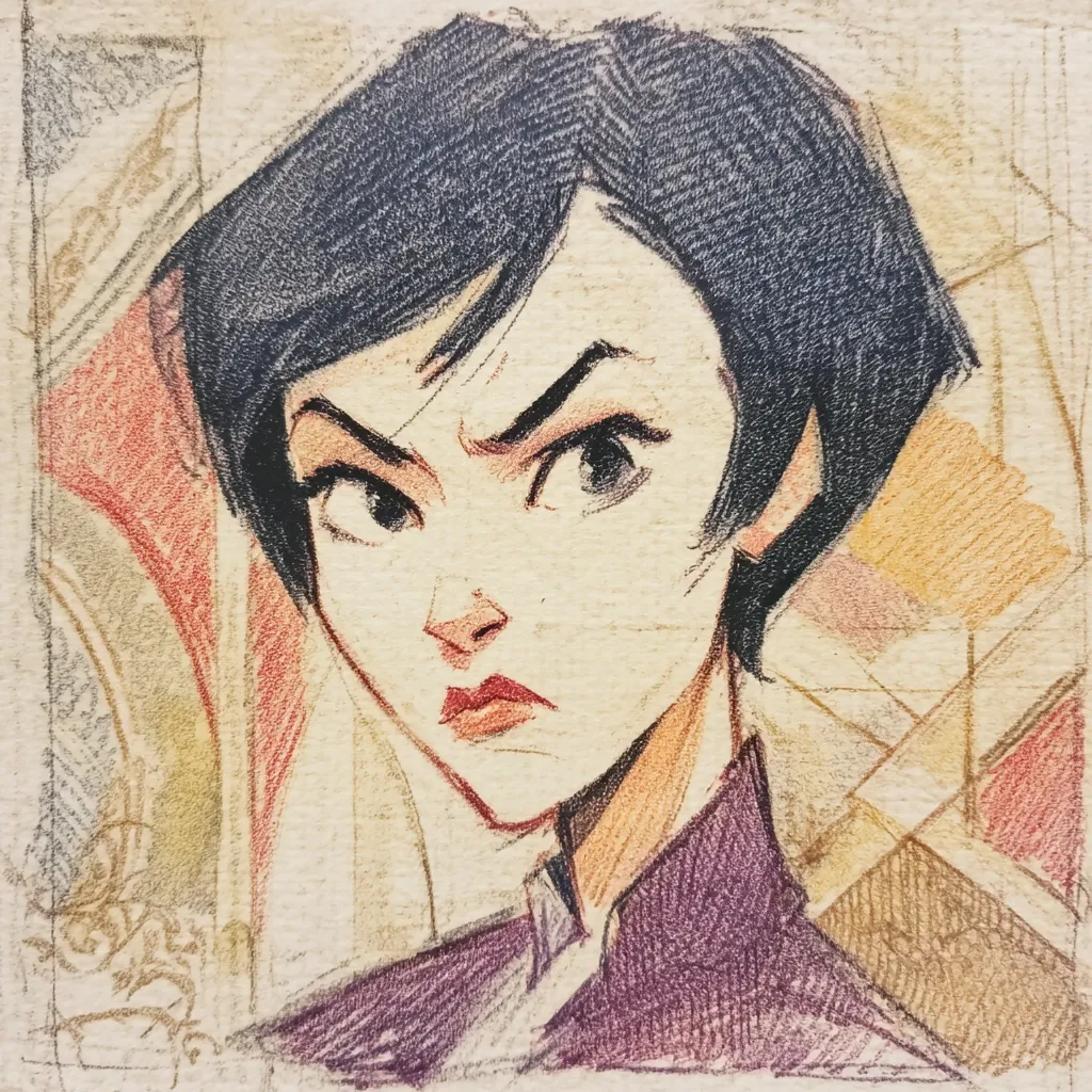 A colored pencil sketch depicts a young woman with short, dark hair, a stern expression, and furrowed brows.  Her features are stylized, with large eyes and a strong jawline. She wears a dark purple collared garment. The background is a textured, abstract wash of warm yellows, oranges, and reds, suggesting an ornate setting. The overall style is reminiscent of character design for animation or graphic novels.