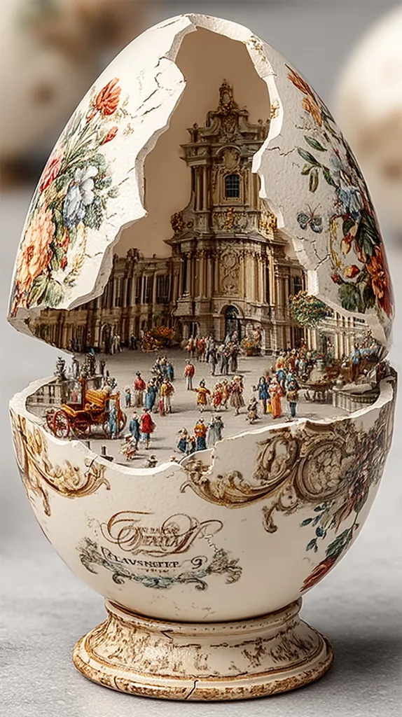 A meticulously crafted eggshell houses a miniature scene.  The cracked eggshell is adorned with floral designs, revealing a detailed depiction of an 18th-century European cityscape, complete with baroque architecture, carriages, and numerous tiny figures engaging in everyday activities. The base is elegantly designed, complementing the intricate artwork.  The overall effect is a stunning example of miniature art and artistry.