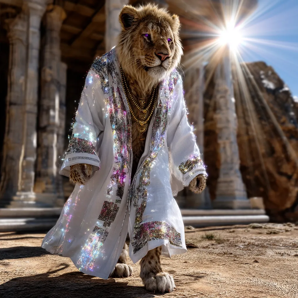 A majestic lion, adorned in a shimmering white robe and gold necklaces, strides confidently through the ruins of an ancient temple.  Sunlight streams through the weathered columns, casting a radiant glow on the regal creature.  The lion's purple eyes add a mystical touch to this surreal scene.  Its opulent attire suggests wealth and power, creating a captivating image of fantasy and grandeur.