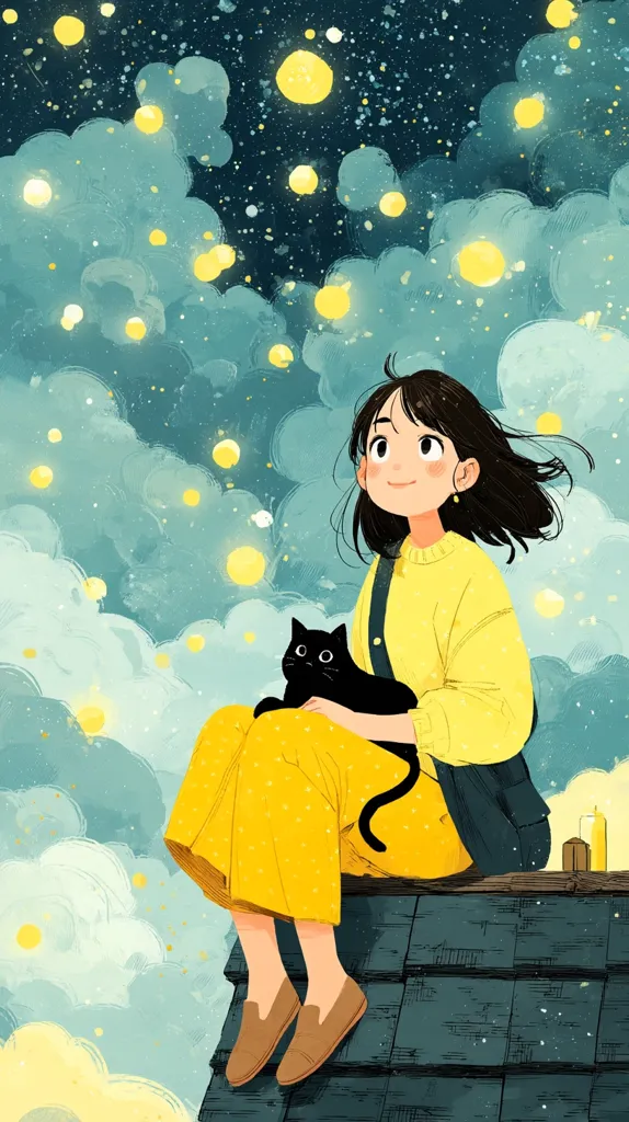A young girl, wearing a yellow sweater and pants, sits on a rooftop with her black cat.  She gazes upward at a dreamy night sky filled with glowing, floating orbs, reminiscent of fireflies or stars. The overall style is soft, whimsical, and evokes a feeling of peaceful contemplation.  The scene is serene and charming.
