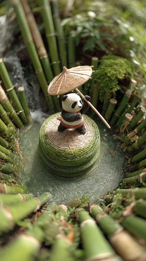 A miniature panda, holding a small straw parasol, stands atop a woven platform nestled in a tranquil pool.  The scene is surrounded by lush bamboo stalks, creating a serene and idyllic miniature Japanese garden. The water shows gentle ripples, enhancing the peaceful atmosphere.  The intricate detail of the panda and its surroundings makes it appear almost lifelike.