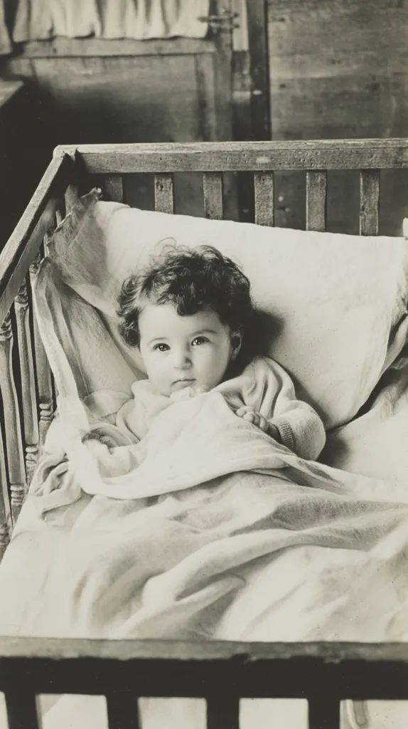 A black and white photograph shows a young child with curly hair lying in a wooden crib.  The child is partially covered by a blanket and looks directly at the camera. The crib is simple and the room appears dimly lit, suggesting a vintage or historical setting. The child's expression is serious and engaging, creating a poignant image.