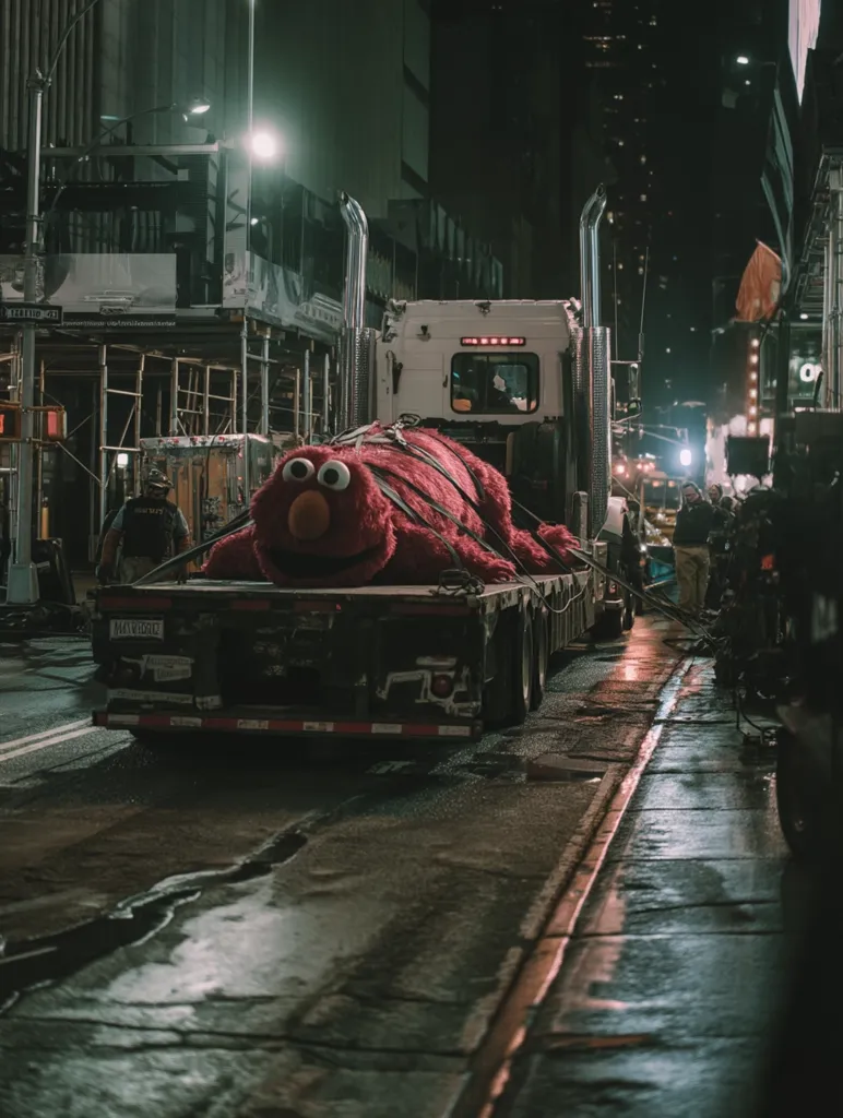 A large, flatbed truck transports a giant Elmo puppet down a city street at night.  The truck is partially obscured by shadows, with the Elmo puppet prominently displayed on the flatbed.  The surrounding urban environment is dark, with streetlights illuminating the scene.  The overall atmosphere is mysterious and slightly surreal.