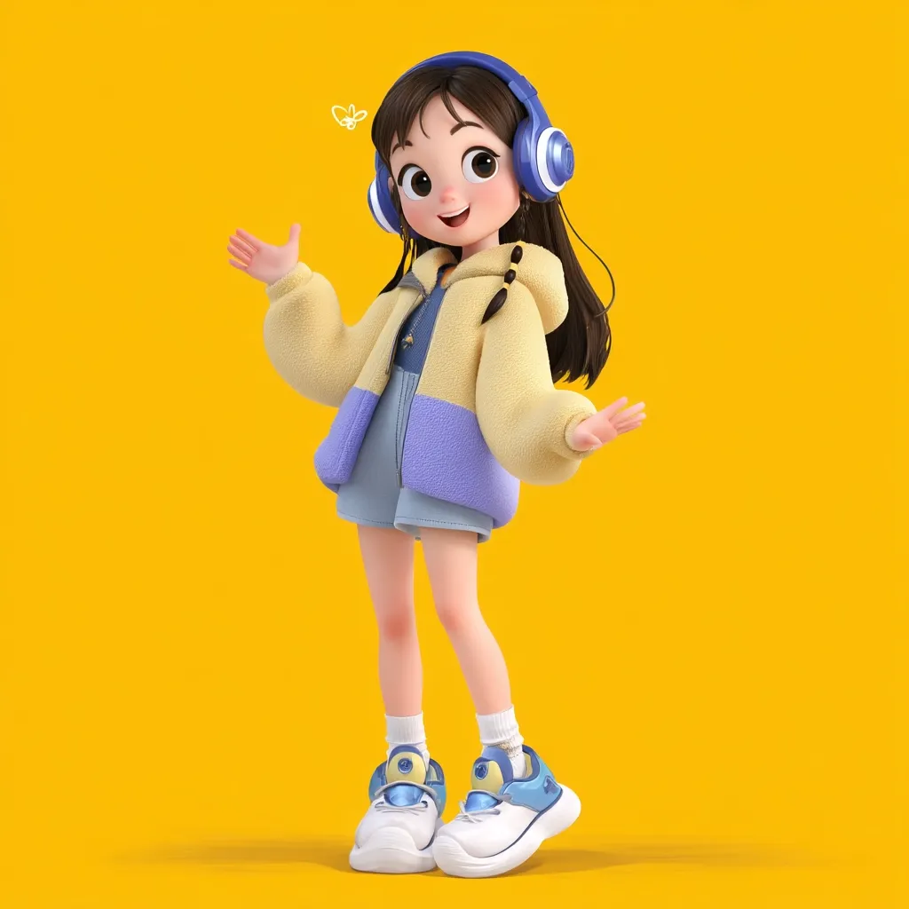 A cute 3D-rendered girl with long brown hair wears blue headphones, a cream and purple jacket, and light blue shorts.  She's smiling, arms outstretched in a welcoming gesture, against a bright yellow background.  She sports white sneakers with blue accents. A small, stylized bee floats near her head, adding to the whimsical feel of the image.