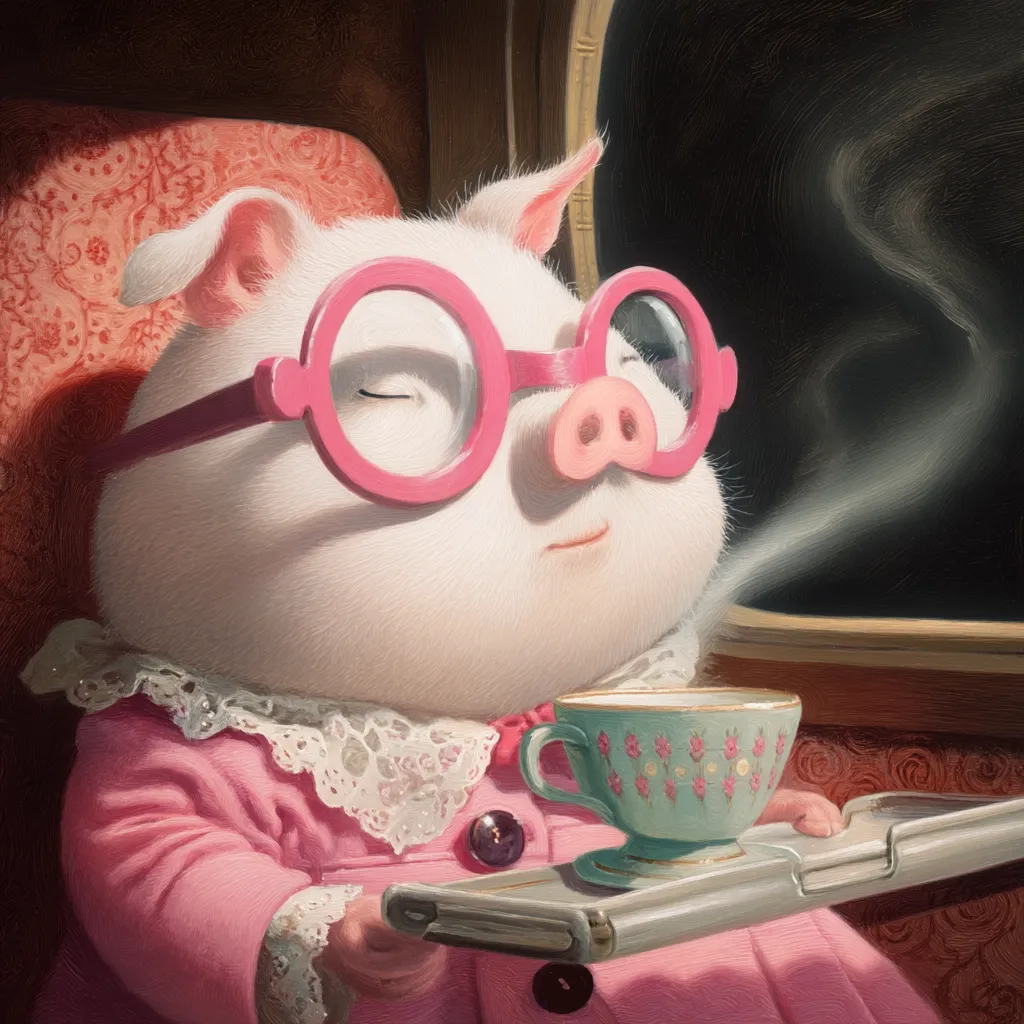 A charming illustration depicts a pig wearing pink glasses and a pink coat, seated in a plush chair on a train.  The pig, with its eyes closed, holds a tray with a delicate teacup emitting steam.  The scene is softly lit, evoking a feeling of warmth and tranquility. The pig's expression is serene and content, suggesting a peaceful journey.