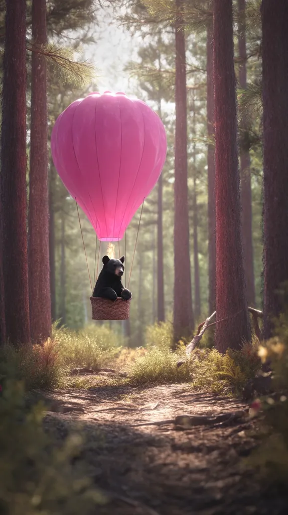 A black bear sits serenely in a woven basket suspended beneath a vibrant pink hot air balloon.  The balloon floats gently through a sun-dappled forest, the tall trees forming a natural frame around the whimsical scene.  The overall atmosphere is peaceful and slightly surreal, suggesting a journey of quiet adventure.