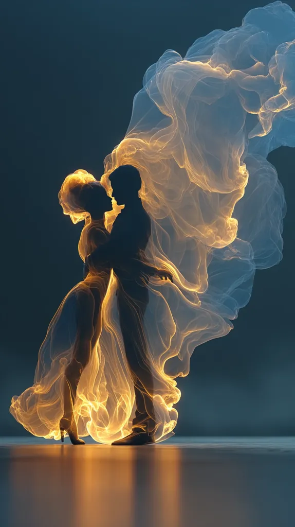 A digital artwork depicts a couple embracing, their silhouettes intertwined within a flowing, ethereal fabric.  The fabric resembles a blend of smoke and fire, glowing with warm, golden hues against a dark, moody background. The image evokes a sense of romance, passion, and otherworldly beauty. The couple's forms are indistinct, focusing on the emotional connection and the dramatic, luminous fabric.
