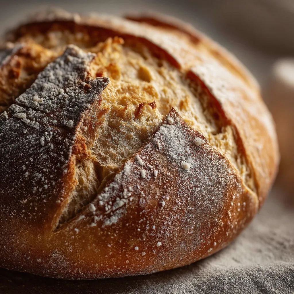 A close-up shot reveals a freshly baked artisan loaf of bread.  Its crust boasts a rich, golden-brown hue, dusted with flour.  Deep fissures in the surface expose the soft, pale interior. The bread's texture appears rustic and appealing, suggesting a delicious, wholesome taste.  The overall lighting enhances the bread's warmth and texture.