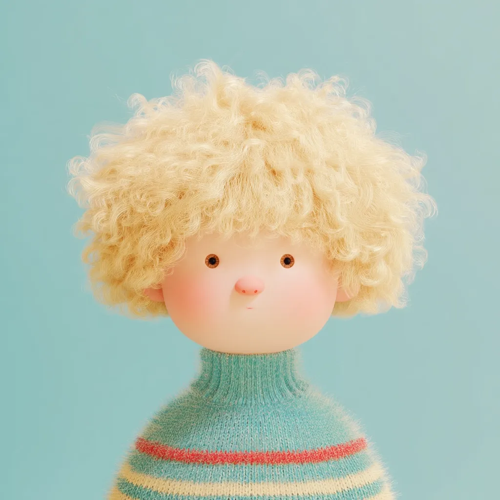 A charming 3D-rendered illustration of a young boy. He possesses a fluffy, blond, curly hairstyle and wears a light teal turtleneck sweater with subtle horizontal stripes. His expression is serene, and his large, expressive eyes add to his endearing appearance. The pastel blue background complements his soft features, creating a calm and gentle mood. The overall style is cute and whimsical.