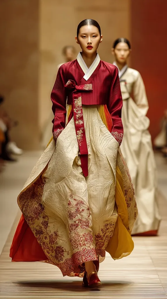 A model gracefully walks down a runway, showcasing a stunning modernized Hanbok.  The ensemble features a deep red jacket over a flowing, off-white pleated skirt adorned with intricate floral embroidery.  Subtle hints of yellow peek from beneath the skirt. The rich fabrics and exquisite detailing create a captivating blend of tradition and contemporary style.  Another model in a similar, though simpler, Hanbok follows behind.