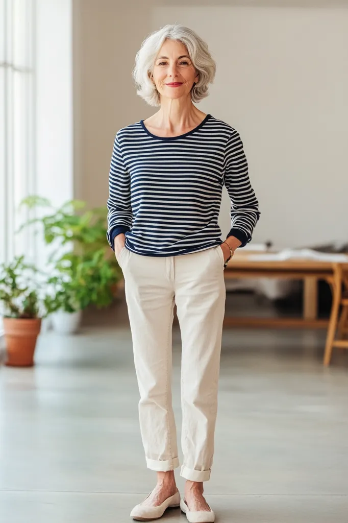 A mature woman with short, gray hair smiles confidently. She's dressed in a navy and white striped long-sleeved shirt, light beige pants cuffed at the ankles, and light beige flats.  Her hands are casually in her pockets. The background is a bright, minimalist interior with plants and a partially visible wooden table.  She stands with a relaxed, approachable posture.