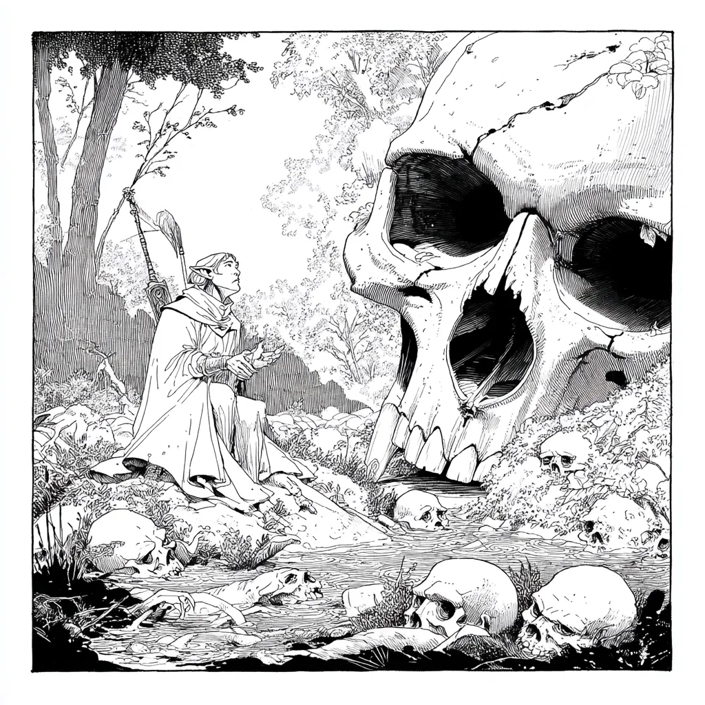 A black and white illustration depicts a cloaked elf seated before an enormous skull nestled amongst numerous smaller skulls in a swampy area.  The elf, armed with a sword, appears contemplative.  Trees and foliage surround the scene, creating a somber, fantasy-like atmosphere.  The contrast between the elf's diminutive size and the colossal skull emphasizes the scale and foreboding nature of the setting.