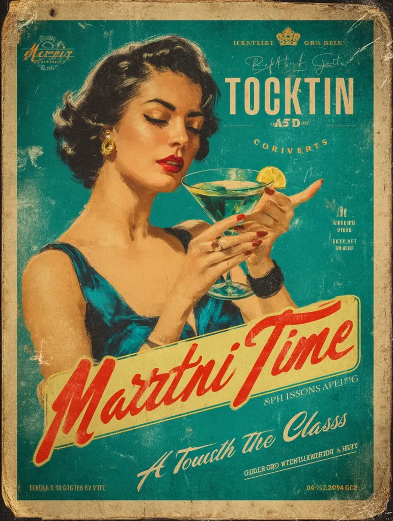 A vintage-style advertisement for "Tocktin" Corivers, featuring a glamorous woman enjoying a martini.  The teal and cream colored poster promotes "Martini Time" with the tagline, "A Touch of Class."  The design evokes mid-century aesthetics with a distressed texture, adding a retro feel.  The small print includes details like  "8 PH ISSONS APEIFG" and "GUDLE ORO WTONULAWERTOU & HAWY."