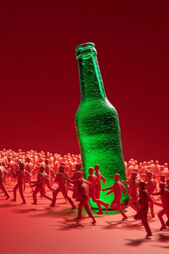 A large, green beer bottle dominates the foreground, surrounded by a multitude of small, red figures seemingly running away from it.  The scene is set against a deep red background, creating a stark contrast. The bottle's condensation is visible, and the figures appear to be miniature representations of people. The overall image suggests a concept related to the overwhelming presence of alcohol or its potentially negative impact.