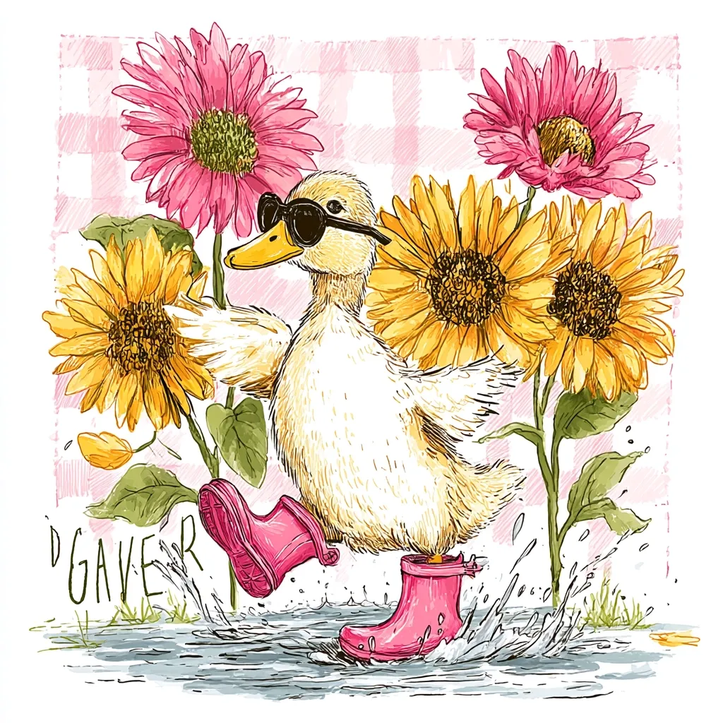 A cheerful duck, wearing sunglasses and pink rain boots, splashes in a puddle.  Surrounding it are vibrant sunflowers and pink gerbera daisies, set against a pink and white checkered background. The scene is whimsical and joyful, suggesting a sunny day after a light rain shower.  The word "GAVER" is subtly placed in the bottom left corner.
