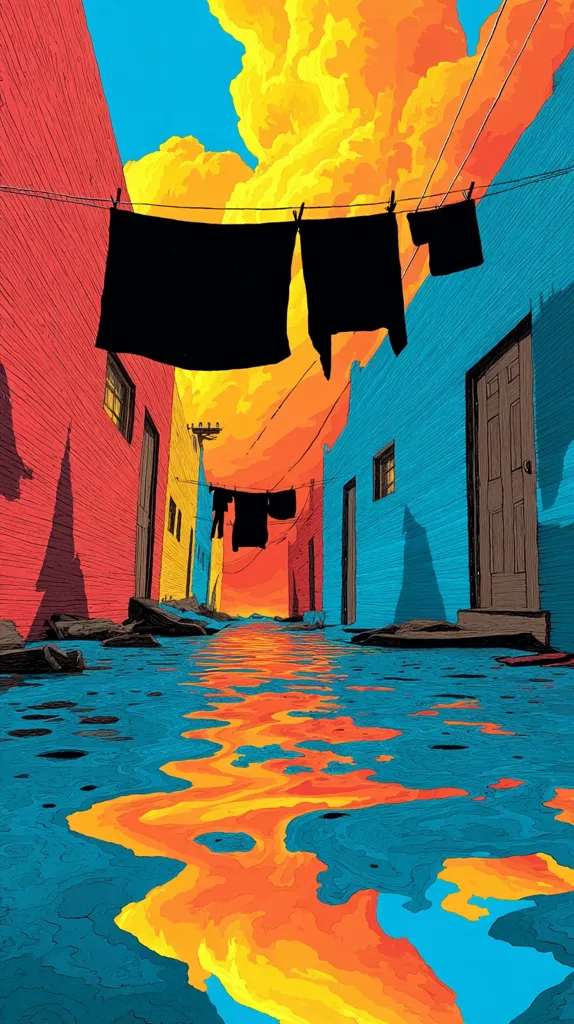 A vibrant illustration depicts a narrow alleyway flooded with water reflecting a fiery sunset.  Brightly colored buildings – red, yellow, and teal – line the alley, with dark clothing hanging on a clothesline strung between them.  The water's surface mirrors the intense colors of the sky, creating a striking contrast between the urban setting and the dramatic natural light. The overall style is bold and graphic.