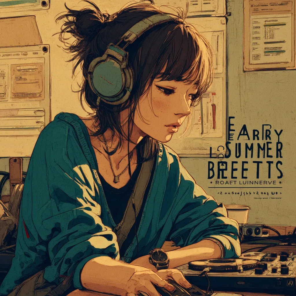A stylized illustration depicts a young woman, headphones on, seated at a music production console.  She has dark hair tied up, and wears a teal jacket. The warm lighting suggests a sunset ambiance.  Text overlays the image, reading "Early Summer Breets" and artist credit, implying an album cover or promotional art. The overall style is reminiscent of anime or manga, with a slightly vintage feel.
