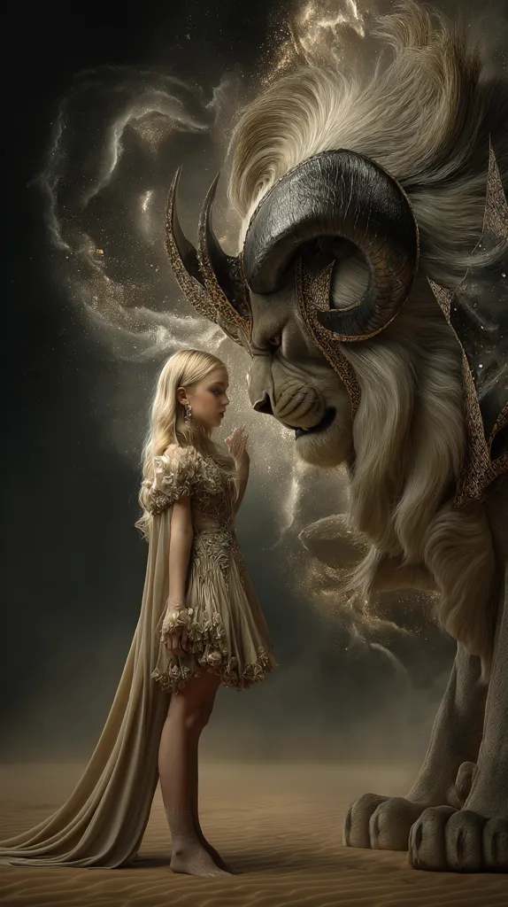 A young woman in a flowing beige gown stands before a majestic, stylized lion.  The lion, adorned with ornate, dark horns, exudes power and mystery.  Golden dust swirls around them, creating a magical, ethereal atmosphere.  The scene suggests a connection between the girl and the mythical creature, possibly hinting at a fairytale or fantasy narrative.  The overall mood is one of enchantment and quiet contemplation.