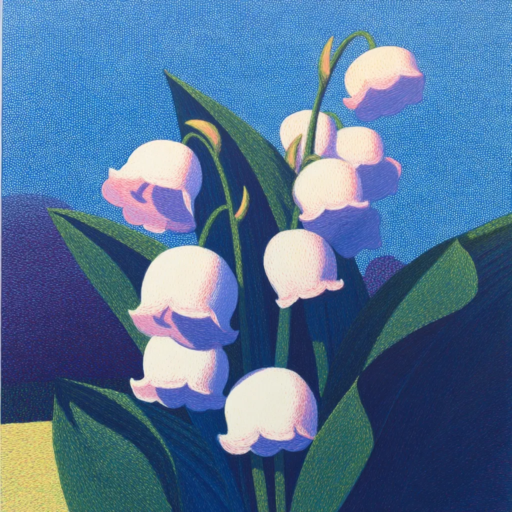 A stylized depiction of lily of the valley blossoms against a vibrant blue sky. The flowers are rendered with meticulous detail, exhibiting a pointillist technique, creating a textured effect. The leaves are deep green, contrasting with the soft, off-white petals. The background subtly shifts from blue to a darker purple, adding depth to the composition. The overall style is reminiscent of mid-20th-century illustration.
