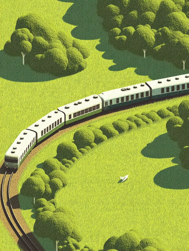 A long passenger train curves gracefully through a sun-drenched, verdant landscape.  The train, predominantly white and teal, follows a track winding past lush green bushes and fields.  Patches of sunlight and shadow highlight the textured surface of the grass. A small, white object, possibly a piece of paper, rests in the field. The overall style is illustrative, with a stippled effect creating a sense of depth and texture.