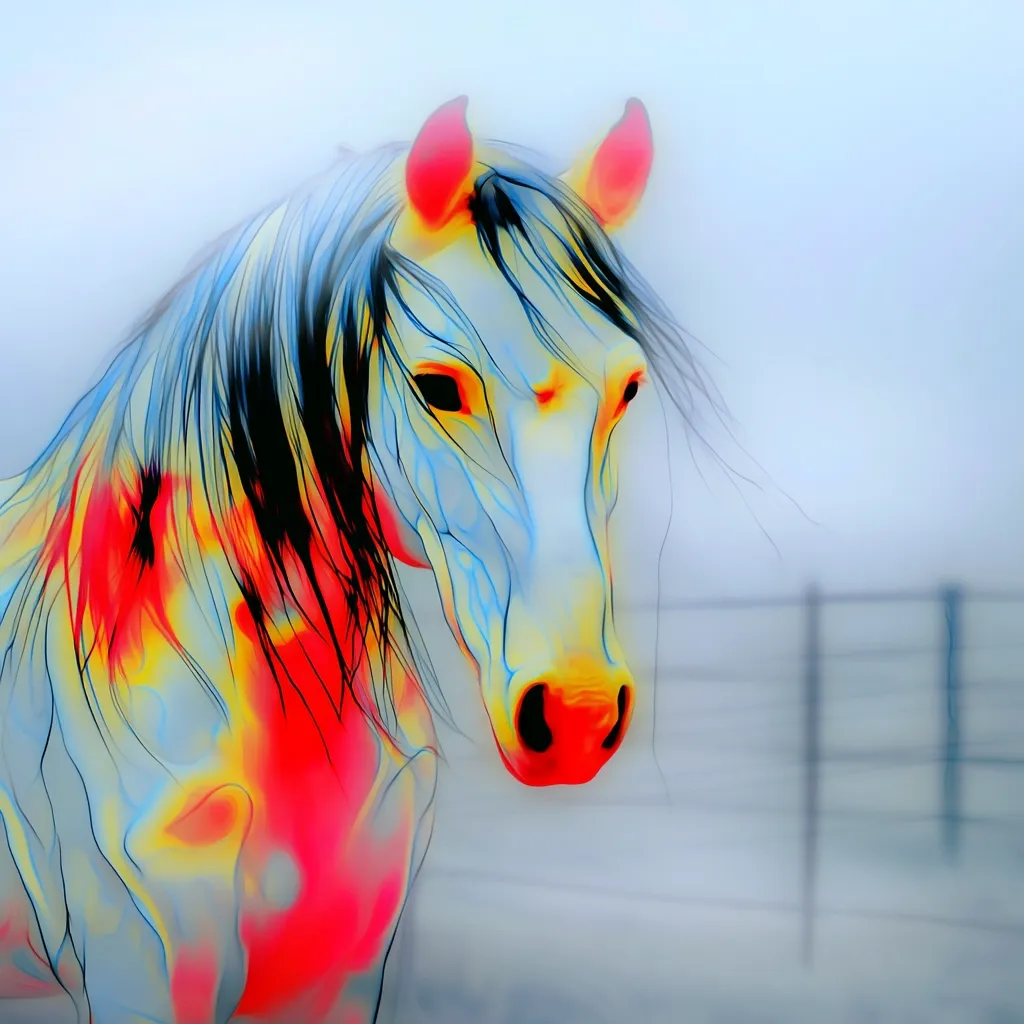 A stylized portrait of a horse, rendered in vibrant, almost neon colors.  The horse's coat is primarily white, accented with bright red and yellow highlights, giving a surreal, almost ethereal feel. Its dark mane flows freely, and the background is a soft, hazy blue, suggesting a misty outdoor setting with a blurred fence visible in the distance.  The overall effect is artistic and expressive, emphasizing the horse's form and presence.