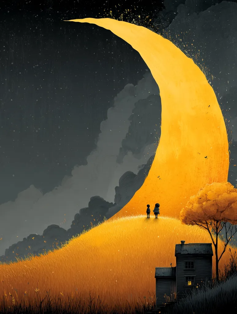 A whimsical illustration depicts two children standing atop a golden hill, silhouetted against a massive, glowing crescent moon that arcs across the night sky.  The hill is bathed in a warm, autumnal light, with a small house and a tree with yellow leaves nestled at its base. The scene evokes a sense of wonder and tranquility, a childlike dream of a fantastical landscape.  The dark sky is speckled with stars, adding to the magical atmosphere.