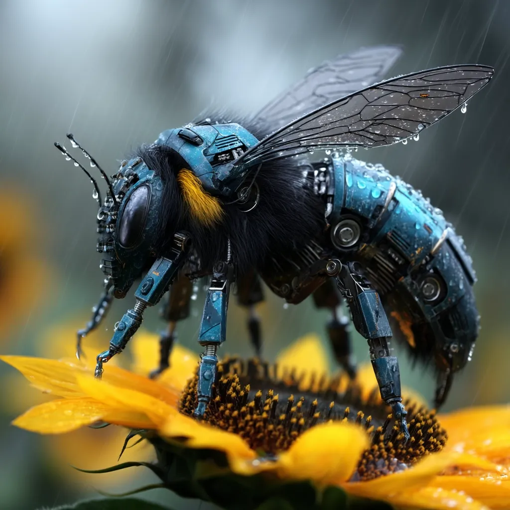 A stunningly realistic digital rendering depicts a steampunk bumblebee.  Its metallic teal exoskeleton gleams with raindrops, contrasting against its dark, furry body.  The intricate mechanical details are visible, showcasing its robotic nature.  The bee delicately rests on a vibrant sunflower, also covered in water droplets, creating a captivating scene of bio-mechanical harmony in nature.