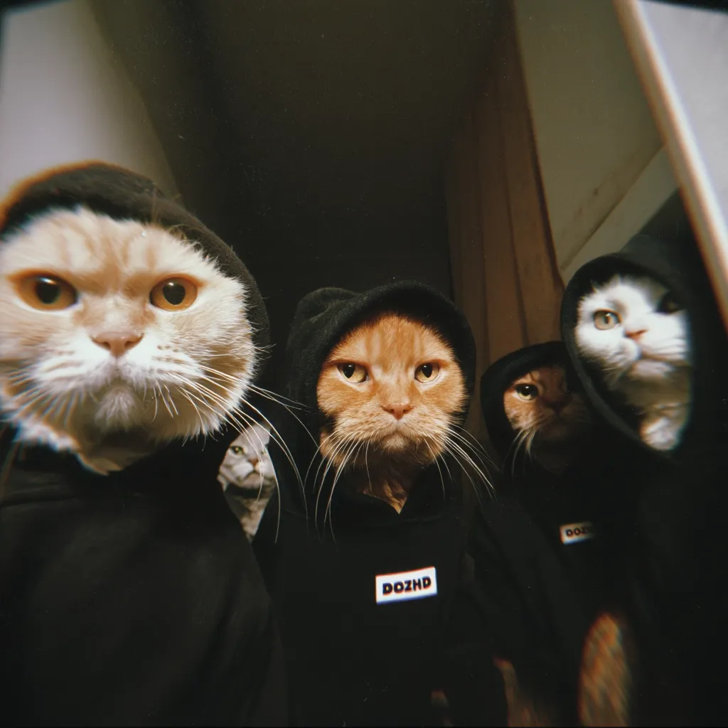 Four cats, dressed in black hoodies, stare intensely at the camera.  The central ginger cat's hoodie features a small rectangular logo.  The cats' serious expressions and matching attire create a humorous and slightly menacing image. A fifth cat is partially visible in the background.  The dark setting and fisheye effect add to the photo's unique style.