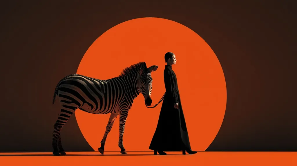 A stylized image depicts a woman in a long black coat leading a zebra on a leash.  They stand against a vibrant orange background, partially obscured by a large, similarly colored circle. The contrasting black and white of the zebra, the black of the woman's attire, and the bold orange create a striking visual effect. The scene suggests a surreal or artistic interpretation of companionship.