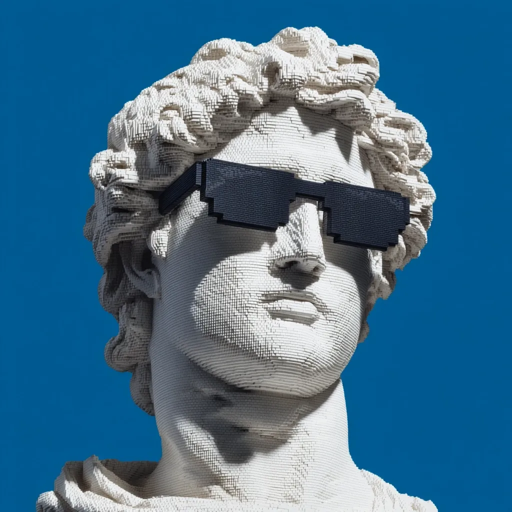 A bust of the David statue, meticulously recreated from small, square blocks, is presented against a vibrant blue backdrop.  The statue, a modern interpretation of Michelangelo's masterpiece, is strikingly accented by a pair of pixelated, black sunglasses, creating a humorous juxtaposition of classical art and contemporary internet culture.  The lighting highlights the texture of the blocks, emphasizing the sculptural detail.