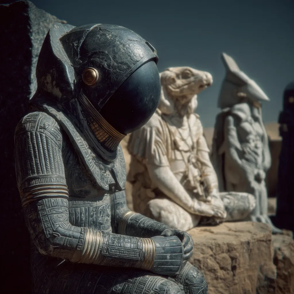 A weathered stone statue of an astronaut, adorned with hieroglyphic-like carvings and gold accents, sits among other ancient-looking statues.  The astronaut figure is centrally positioned, with a seated jackal-headed and bird-headed deity to its right. The setting appears to be a desert landscape, conveying a sense of mystery and juxtaposition of eras.  The image hints at a narrative of ancient astronauts or a fantastical blend of myth and science fiction.