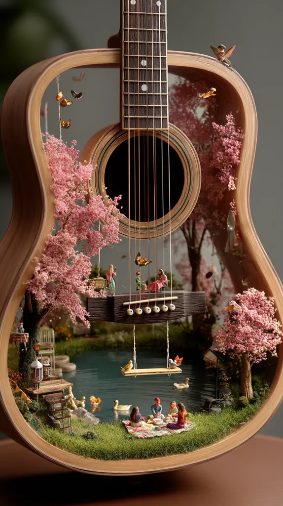 A miniature idyllic scene is nestled within a cutaway acoustic guitar.  Pink cherry blossom trees frame a tranquil pond where ducks swim.  Miniature people enjoy a picnic and a swing hangs serenely.  Butterflies flutter, adding to the whimsical charm.  The intricate detail creates a captivating contrast between the musical instrument and the peaceful, vibrant miniature world inside.