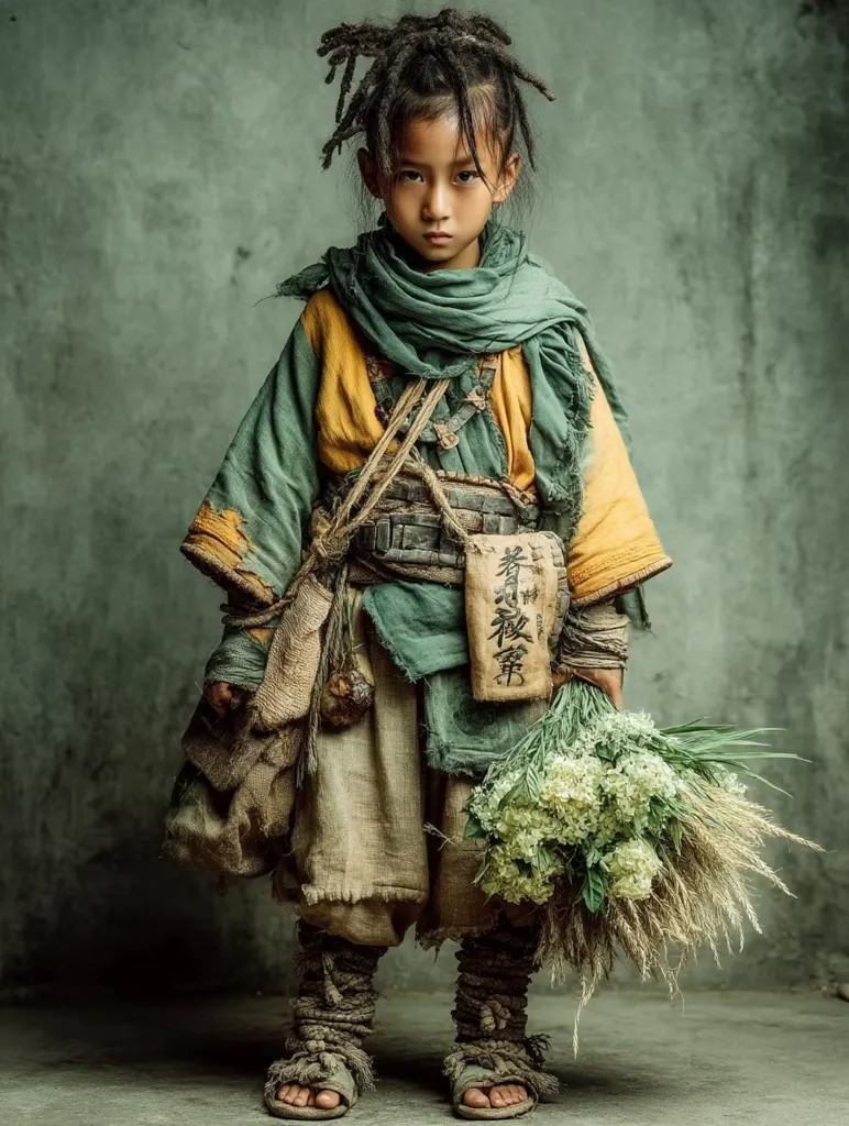 A young child, with dark, textured hair styled in dreadlocks, stands against a muted green backdrop.  They are dressed in layered, rustic clothing; a muted yellow top under a tattered, green robe, adorned with earthy tones and woven belts.  The child holds a bouquet of dried flowers and greenery, their expression serious and solemn. The overall aesthetic suggests a historical or fantasy setting.