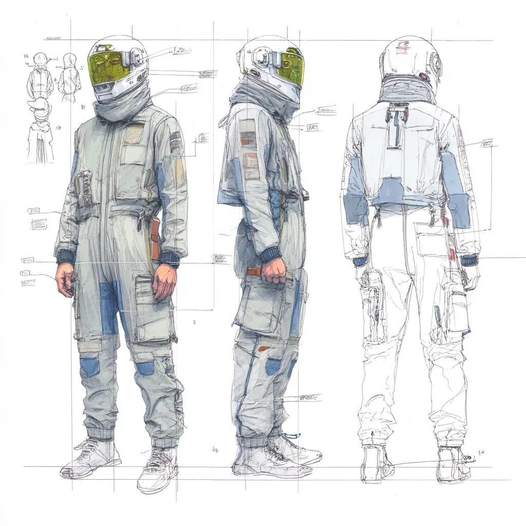 A detailed illustration showcases three views of a futuristic spacesuit design.  The light grey suit features numerous pockets, and is worn with high-top boots and a helmet with a yellow visor.  Technical design notes and measurements are overlaid on the artwork, indicating potential manufacturing specifications.  The drawing style is realistic with watercolor-like shading, emphasizing the texture and functionality of the garment.