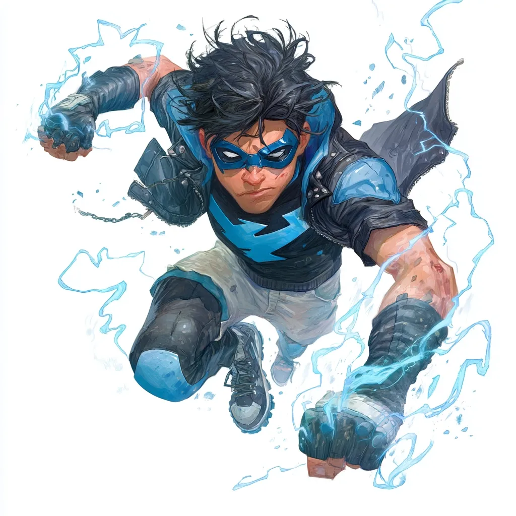 A dynamic illustration of Static Shock, a young superhero, mid-leap.  He's clad in a black and teal outfit, accented with tattered elements suggesting a gritty, urban setting.  Blue electrical energy crackles from his hands and around his body, highlighting his powers.  His determined expression and fierce pose convey his readiness for action. The artwork is stylized with a blend of realism and comic book dynamism.