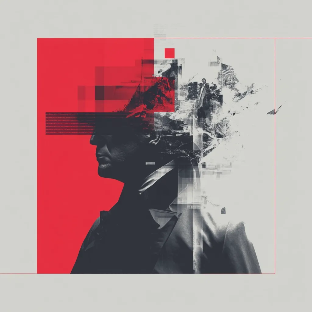 An abstract portrait of a man in profile, overlaid with fragmented imagery.  A bold red background contrasts with grayscale elements suggesting a fractured memory or identity.  Overlapping geometric shapes and a partially visible American flag create a sense of layered experiences and potentially national themes. The overall style is contemporary and digitally manipulated, conveying a mood of mystery and introspection.