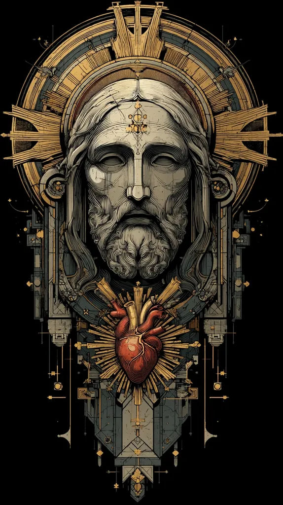 A detailed illustration showcases a stylized depiction of Jesus Christ's face, framed by an intricate, geometric design reminiscent of Art Deco and sacred geometry.  The face is rendered in grayscale with a textured, almost stone-like appearance.  Below the face, a realistic human heart is centrally positioned, radiating golden light, adding a powerful symbolic contrast. The overall aesthetic blends religious iconography with complex architectural and mechanical elements.
