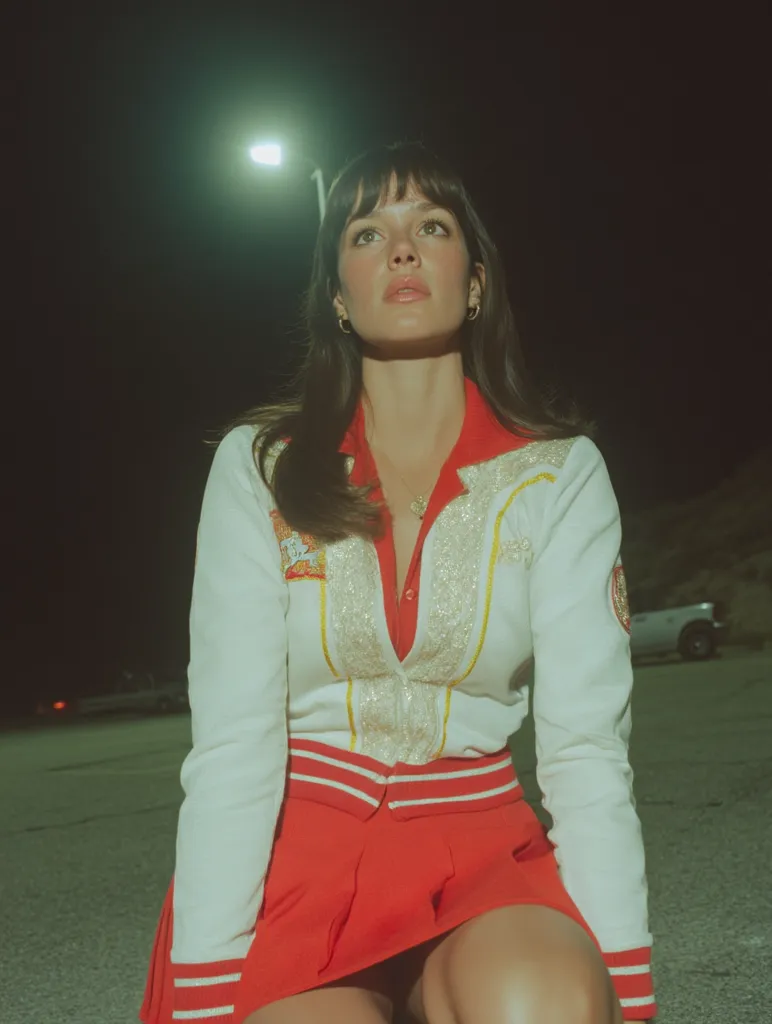 A young woman with long brown hair, wearing a white varsity jacket with red trim and a red pleated mini-skirt, sits on the ground at night under a streetlight.  Her expression is pensive, gazing upward. The scene is dimly lit, creating a nostalgic and slightly melancholic mood. A car is visible in the background.