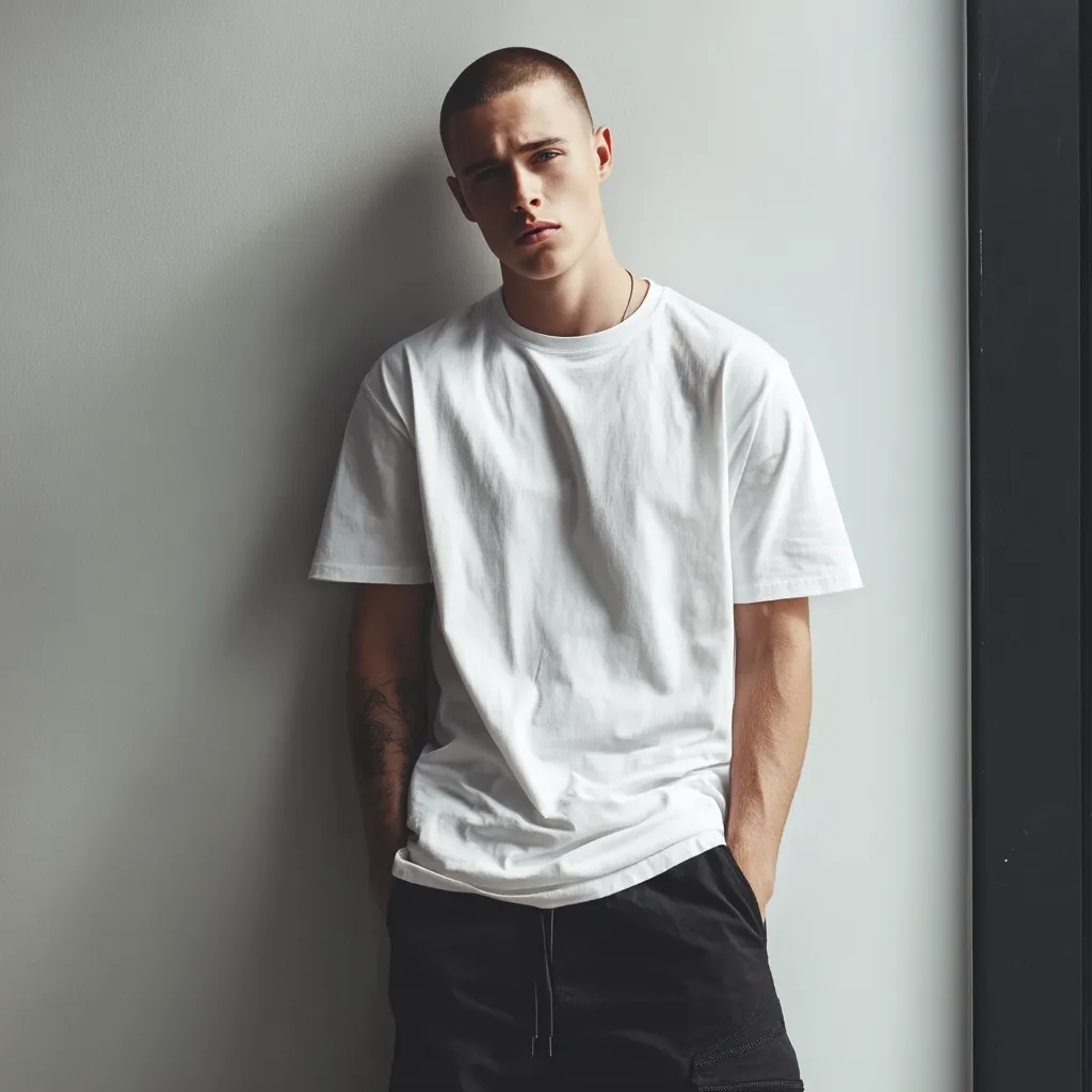 A young man with short, dark hair stands against a light gray wall. He wears a simple, oversized white t-shirt and black cargo pants. His hands are in his pockets, and he has a serious expression.  The overall style is minimalist and casual.  A small portion of a dark frame is visible on the right edge of the image.