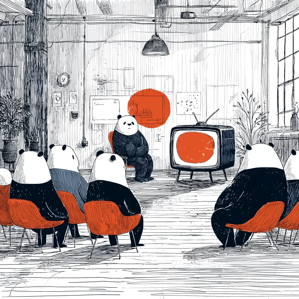 A group of pandas sits in orange chairs facing a vintage television displaying a solid red circle.  A single panda sits in a chair before the TV, seemingly presenting. The room is sketched in black and white, with a minimalist aesthetic, featuring plants and simple office-like decor. The overall style is reminiscent of a graphic novel or illustration.