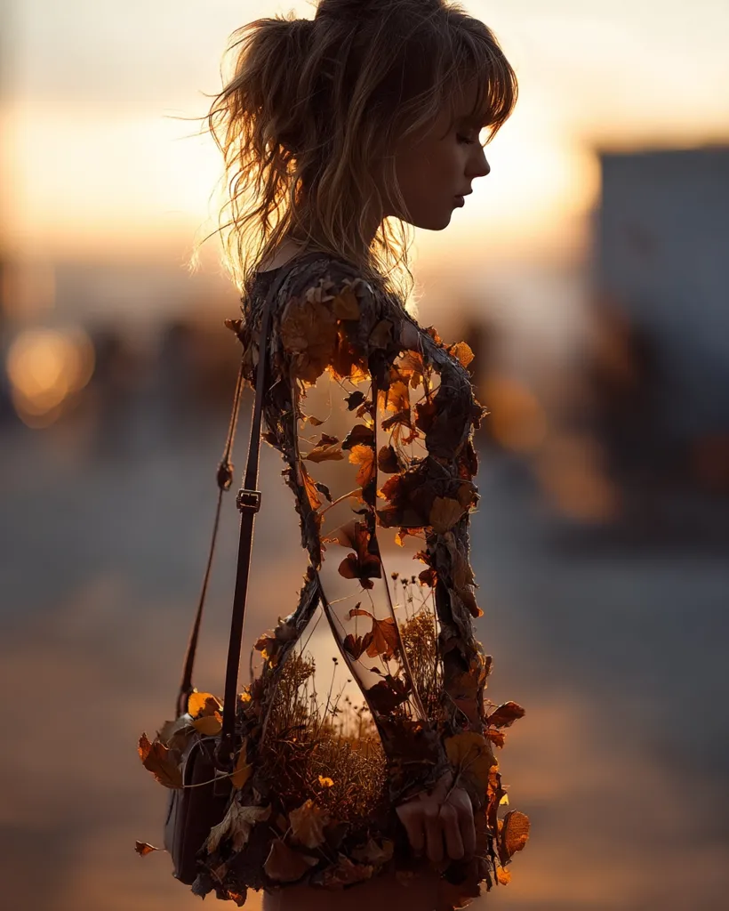 Silhouetted against a sunset, a young woman stands, her back to the camera. She wears a unique dress adorned with autumn leaves and small plants, creating a seamless blend with nature. A small brown bag hangs from her shoulder, adding to the overall ethereal and autumnal feel. The soft light enhances the beauty of the scene, creating a captivating image.