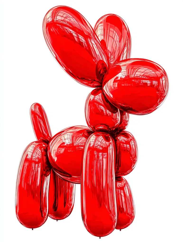 A vibrant red balloon animal, shaped like a dog, stands against a stark white background.  Its glossy surface reflects light, highlighting the individual balloon sections that comprise the sculpture. The form is playful and whimsical, suggesting a sense of fun and childlike wonder.  The high-gloss finish gives the sculpture a polished, almost metallic appearance.