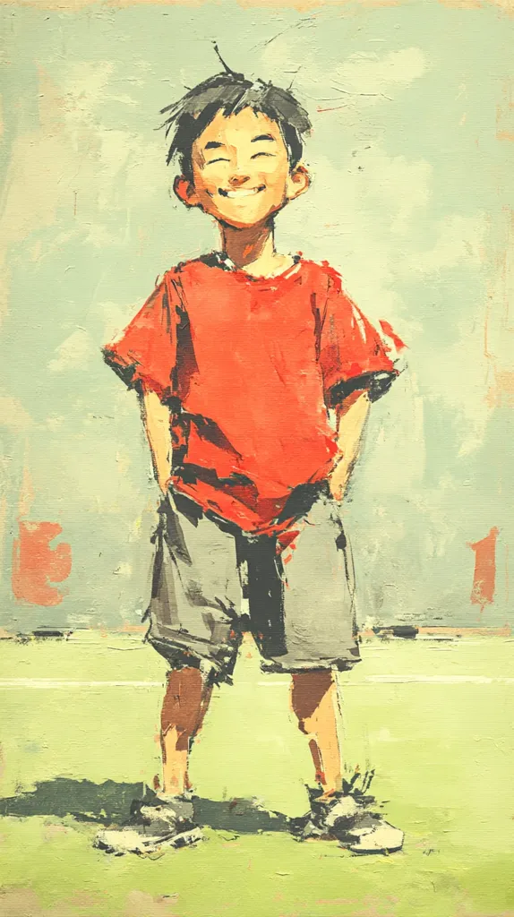 A vibrant painting depicts a joyful young boy. He stands with hands in pockets, a broad smile illuminating his face.  His red shirt and gray shorts contrast against a muted green background, suggesting an outdoor setting. The style is expressive, with visible brushstrokes contributing to a sense of energy and movement. The overall mood is one of carefree happiness.