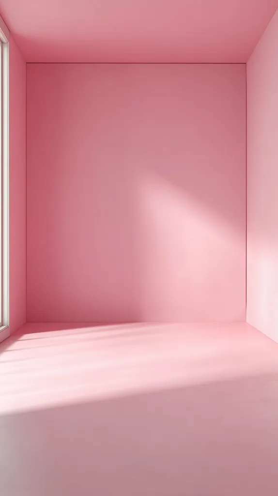 A minimalist room is painted entirely in a soft pink hue.  Sunlight streams through a partially visible window, casting gentle shadows on the floor. The walls and floor are seamlessly unified in color, creating a calm and serene atmosphere. The empty space is simple and inviting.