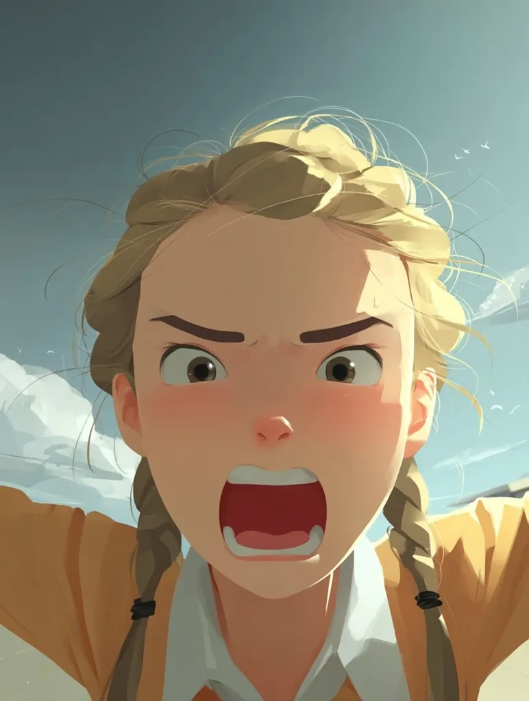 A close-up illustration depicts a young girl with blonde pigtails, her mouth wide open in a yell. Her expression is one of shock or alarm, accentuated by her wide eyes and flushed cheeks.  She's wearing a mustard-yellow jacket and white collared shirt. The background is a hazy, bright sky with a few small birds visible. The style is digitally painted, with soft, slightly muted colors.