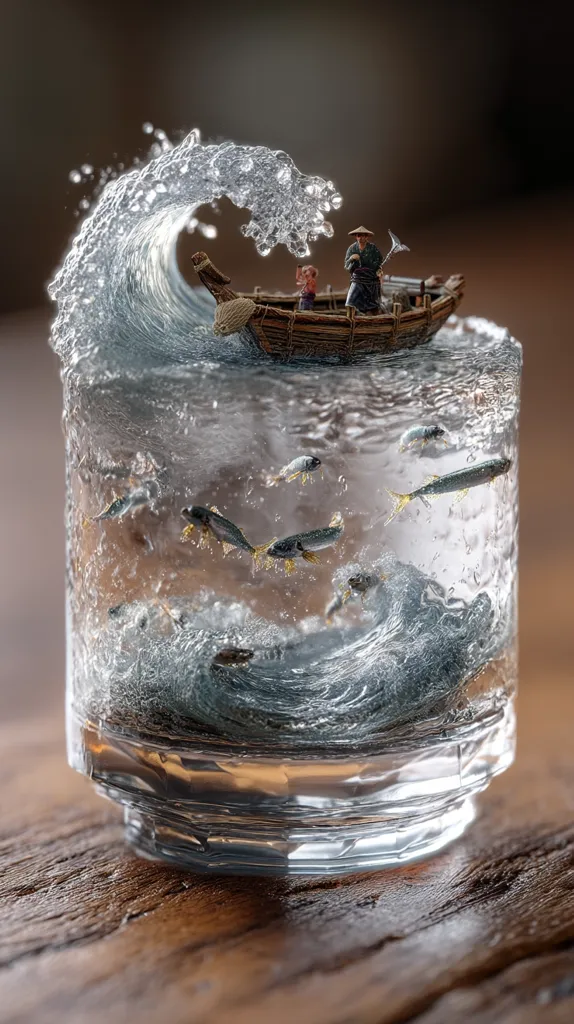 A miniature scene depicts a small boat with two fishermen navigating a wave inside a glass.  The wave is frozen mid-action, showcasing its dynamic form.  Several small fish swim around the boat within the confines of the glass, suggesting a contained aquatic environment. The entire composition is artistically presented on a wooden surface.