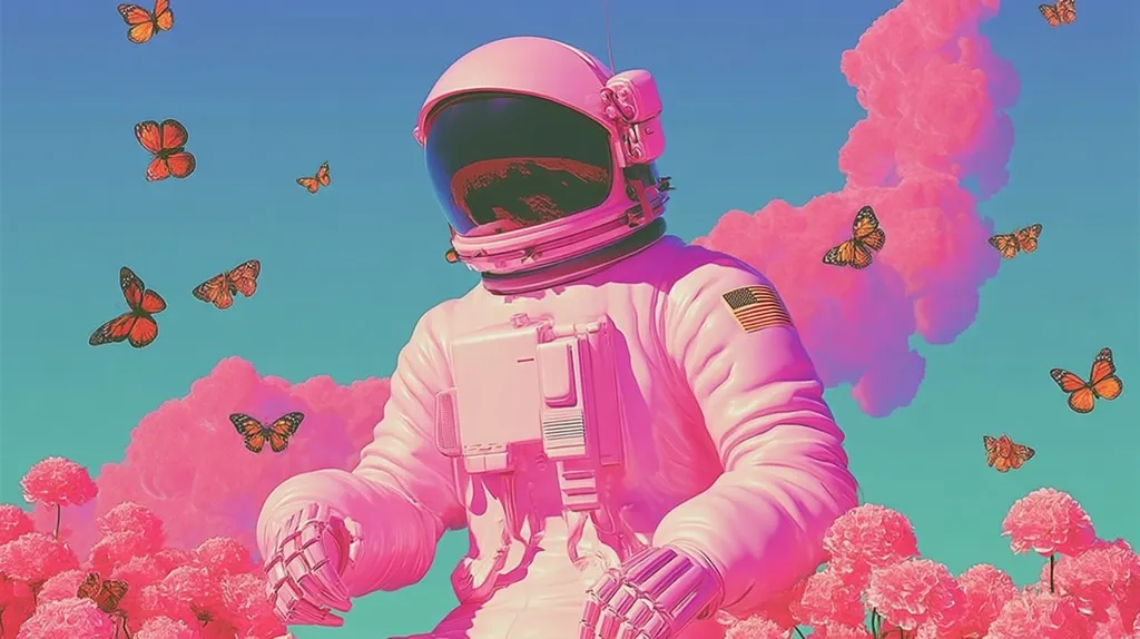 A vibrant digital artwork depicts a pink astronaut, seemingly serene, amidst a field of pink carnations under a pastel sky.  Orange butterflies flutter around the astronaut and the fluffy pink clouds. The astronaut's suit displays a small American flag patch. The overall aesthetic is dreamy and surreal, combining elements of space exploration with a whimsical, almost candy-like color palette.