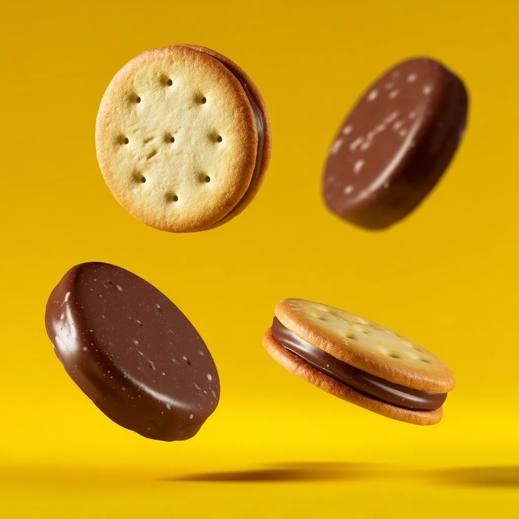 Four cream-filled sandwich biscuits float against a vibrant yellow background. Two biscuits have a classic golden biscuit exterior with a creamy filling, while the other two are coated in rich, dark chocolate. The image is crisp and bright, showcasing the delectable texture and contrasting colors of the treats.  The biscuits appear suspended in mid-air, creating a dynamic and playful composition.