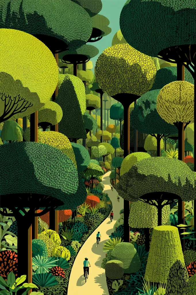A stylized illustration depicts a winding path through a lush forest.  Overlapping, vibrant green trees with rounded crowns form a dense canopy.  Several cyclists are visible on the path, their small figures contrasting with the large scale of the foliage. The scene is saturated with greens and yellows, creating a vibrant and peaceful atmosphere. The artistic style is reminiscent of mid-century illustration.