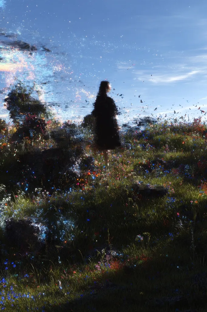 A surreal image depicts a lone figure in a dark coat standing amidst a vibrant, otherworldly meadow.  The scene is dreamlike, with shimmering, distorted effects overlaying the landscape and a scattering of small, dark shapes resembling birds in the sky.  The overall atmosphere is one of ethereal beauty and quiet solitude.  The colors are rich and varied, with a predominance of blues, greens, and purples.